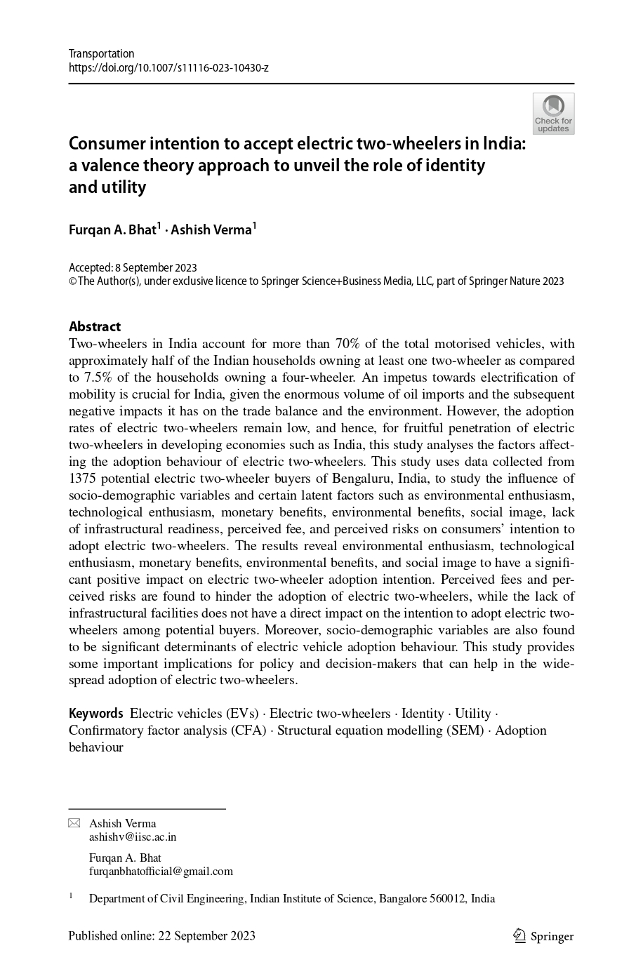 Consumer intention to accept electric two‑wheelers in India: a valence theory approach to unveil the role of identity and utility