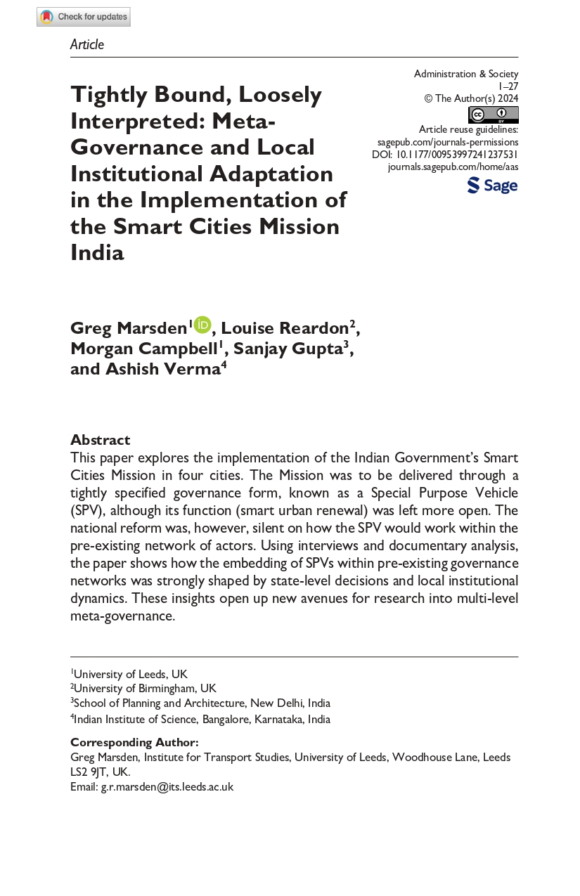 Tightly Bound, Loosely Interpreted: Meta-Governance and Local Institutional Adaptation in the Implementation of the Smart Cities Mission India