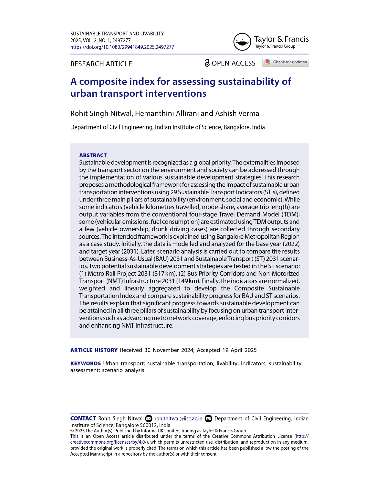 A composite index for assessing sustainability of urban transport interventions. Sustainable Transport and Livability